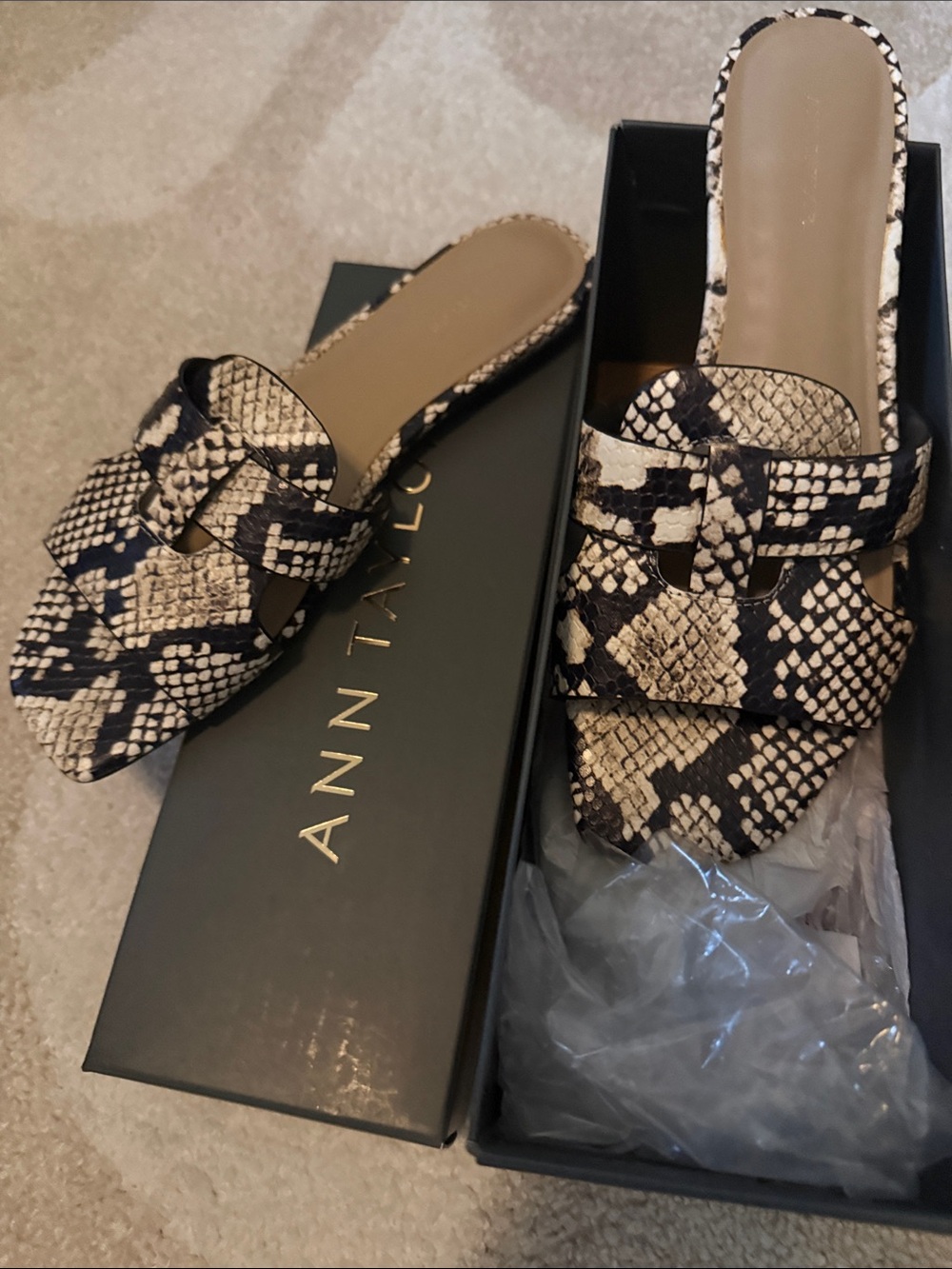 Ann Taylor size 9 Beige and Black Snake-Print Slide Sandals Mules